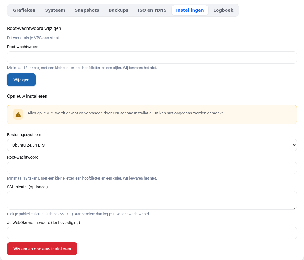 Karta Ustawienia z opcją Zmień hasło root